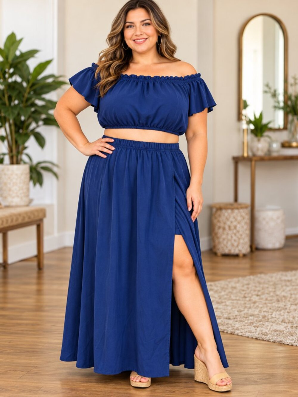 SHEIN Curve 2XL Royal Blue Off Shoulder Crop Top Maxi Skirt 2 Piece Set
